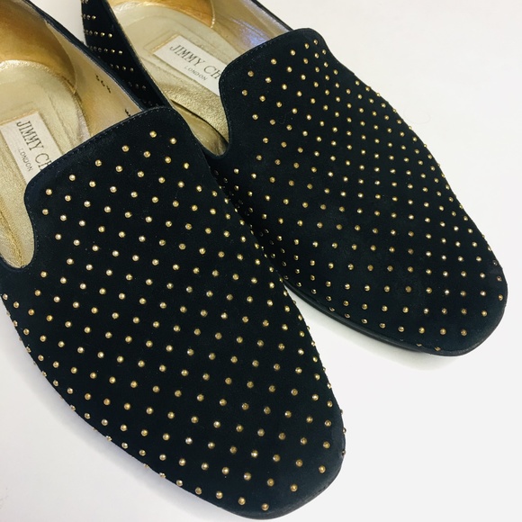 Jimmy Choo Shoes - Authentic Jimmy Choo Suede Wheel Gold Studded Flat